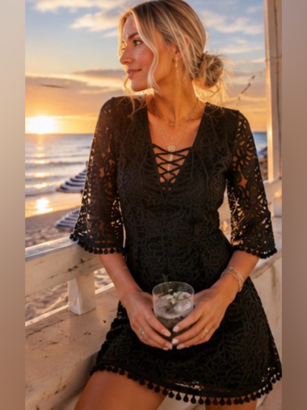 Tularosa Coral Lace Mini Dress Black Resort Cocktail Vacation XS/S